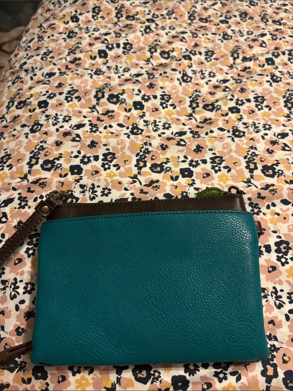 Chala Teal Dragonfly Applique Crossbody Bag with Brown Strap